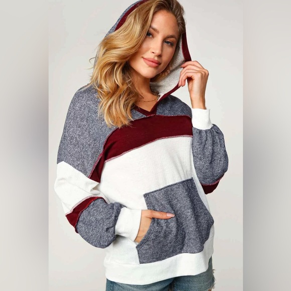 *Last One* Color Block White/Navy/Burgundy Outseam Detail Hoodie Top, sizes M - Picture 6 of 7